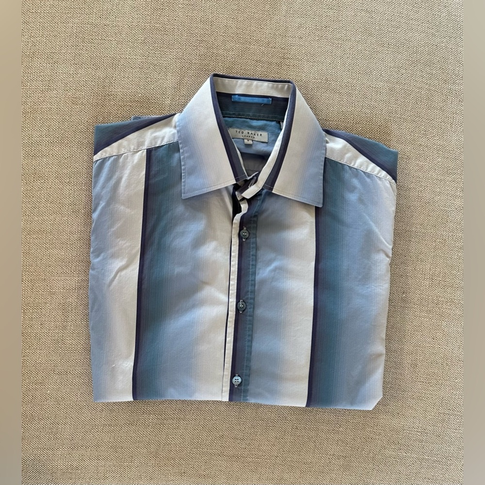 TED BAKER LONDON Spread Collar Shadow Stripe Sport Shirt in Blue Size 3 $165